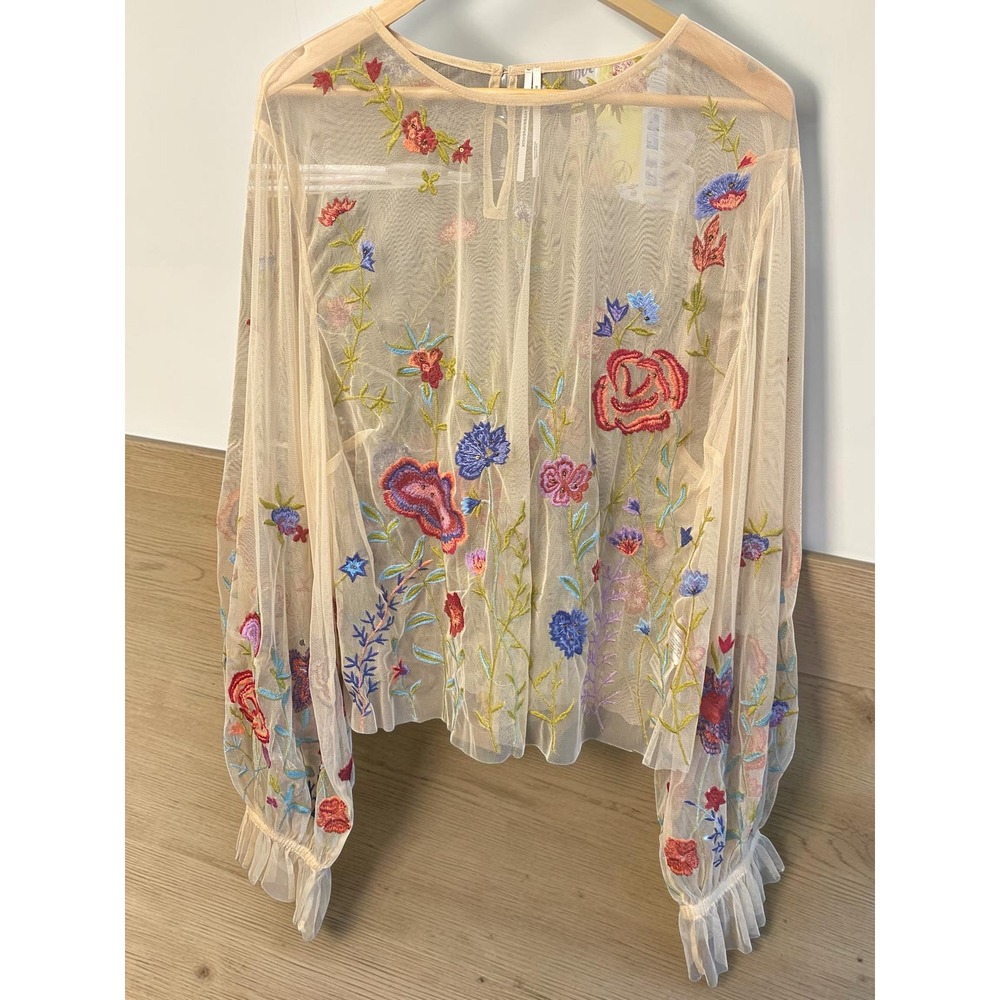 Anthropologie The Layla Floral Applique Mesh Balloon Sleeve Womans 3X Blouse